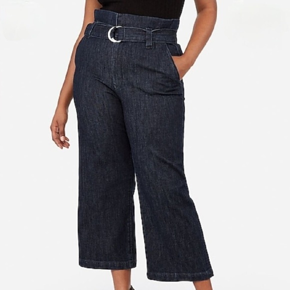 Express Women 4 Dark Wash Denim Super High Rise Cropped Wide Leg Paperbag Jeans - Picture 1 of 10